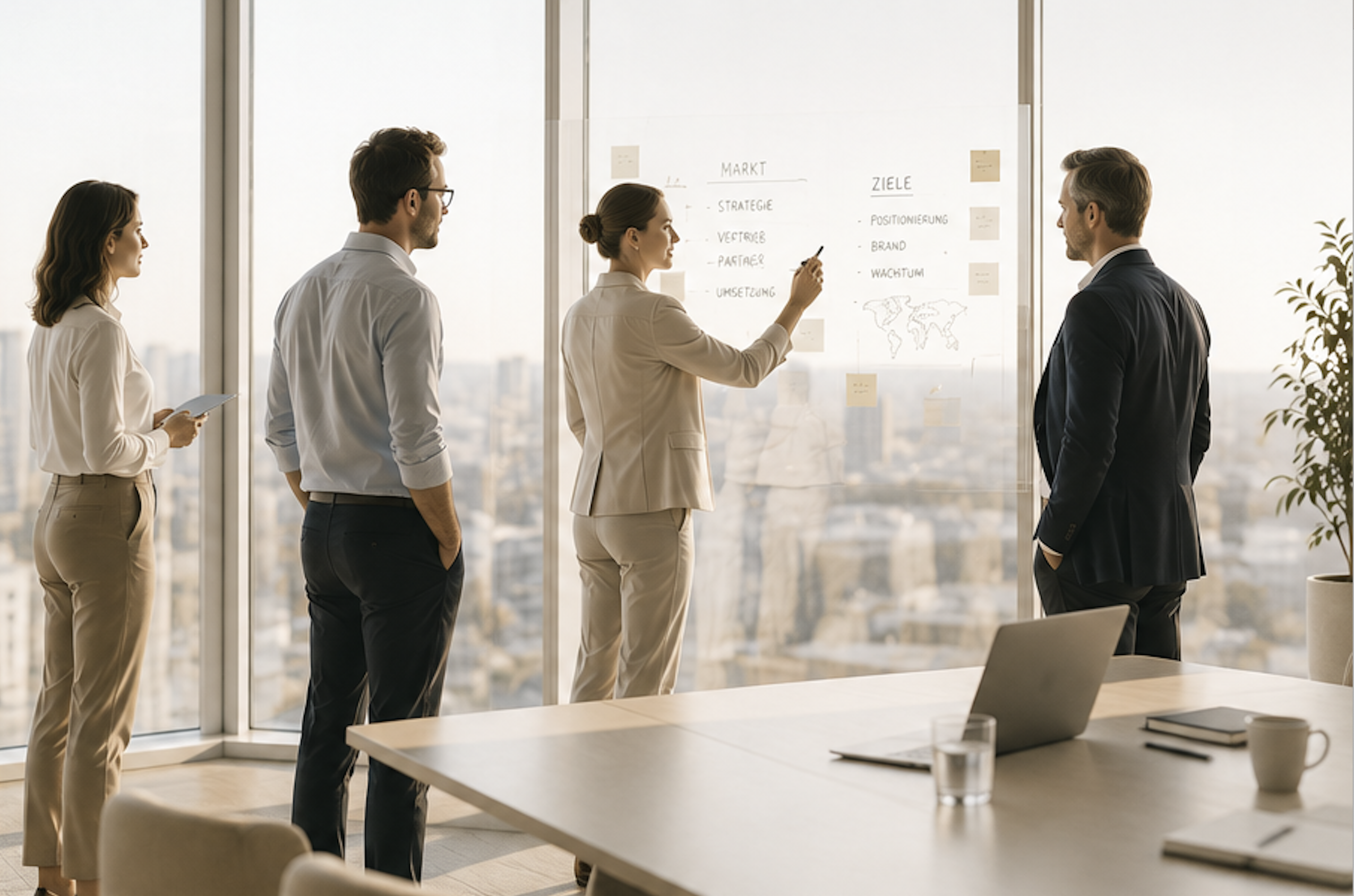 Team im Gespräch vor einem Whiteboard mit Markt- und Zielplanung