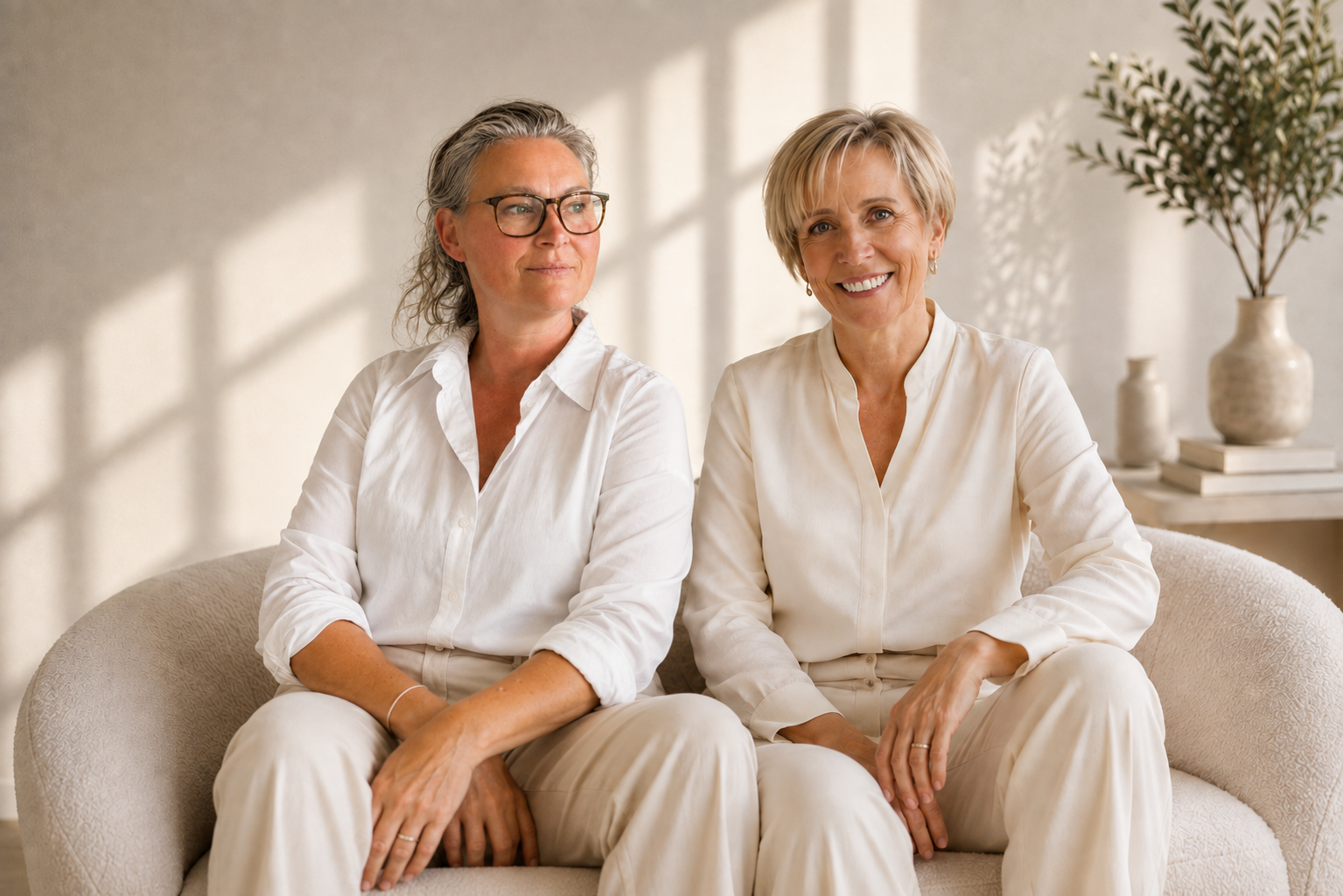 Andrea Grünewald und Constanze Taralli gemeinsam auf einem Sofa
